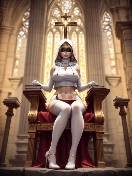 (highres, best quality:1.2), intricate details, vibrant image, sharp focus,
LunaPriest, solo, 1girl, 25yo, (full body shot:1.1), sitting, on throne, (holding book:1.1), cathedral, indoors, windows, altar, rock walls, (holy light aura:1.2), serious face,
blonde hair, makeup, (eyeless:1.2), detailed hair,
pauldrons, turtleneck, (hood:1.2), (blindfold, blindfolded:1.1), (white crop top:1.15), (elbow gloves:1.1), white pencil skirt, thighhighs, high heels, 
curvy, large breasts, cleavage, 
<lora:LunaPriest:0.83> <lora:add_detail:1>