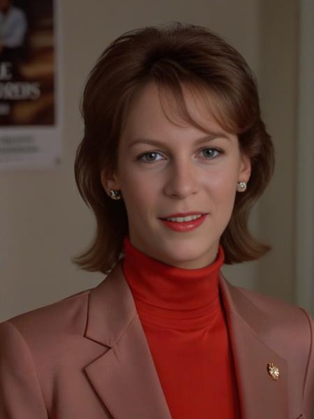 UHD, 4k,a young girl supermodel Laurie_Strode, age 20,<lora:Laurie_Strode:0.7> wearing turtle neck shirt, red pant keyhole suit for girl, perfect skin, young  Laurie Strode , conservative formal attire,  long brown hair, great full 80s hair,(masterpiece:1.2), (best quality:1.2), ultra high res, beautiful, (intricate details), flirty, happy, slutty, unity 8k wallpaper, ultra detailed, aesthetic, perfect lighting, studio lighting, rim lighting, hair lights, alluring lighting, professional photograph,  alluring teen award-winning photo by trading places ,close-up of jamie lee curtis, true lies, perfect