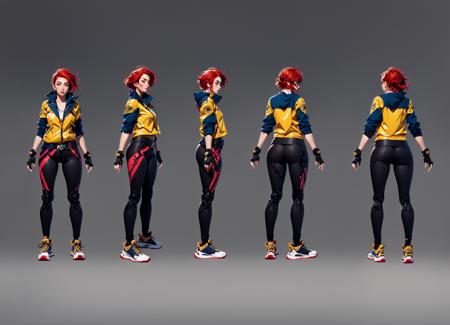 rear view,rear side view,front view,front side view,side view,multi view,concept art,hand drawn drawing,mechanical prosthetic design,1girl,gloves,yellow jacket,red hair,black pants,belt,shoes,gray background,hold,sneakers,fingerless gloves,gradient background,<lora:Multi-view V2:1>,