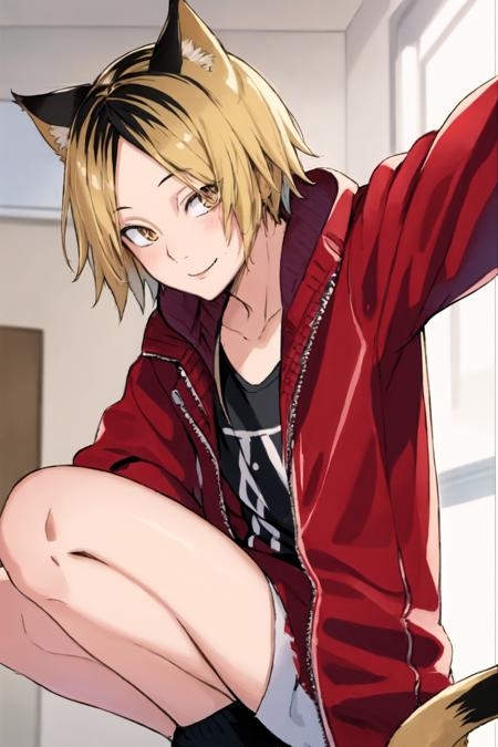 masterpiece, best quality, 1boy, <lora:kenma:0.8>, solo, blonde hair, black hair, multicolored hair, forehead, brown eyes, unzipped red jacket, hoodie, cat ears, smiling, half body, looking at viewer