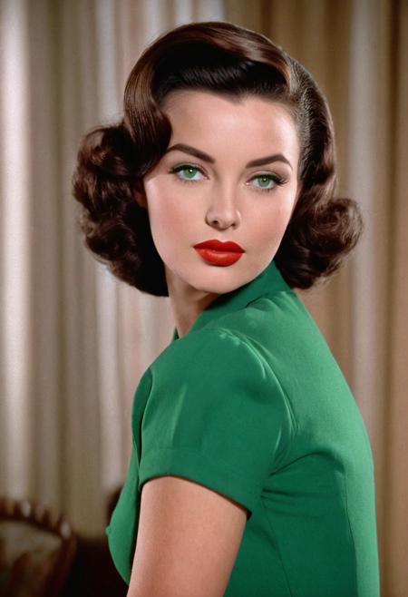 1940s vintage retro, Selina Kyle DCU, brunette hair, green-eyed, bombshell pinup girl, perfect photo, highly detailed, best quality, fine details, coherent face, full body, technicolor film still screencap, kodachrome photograph