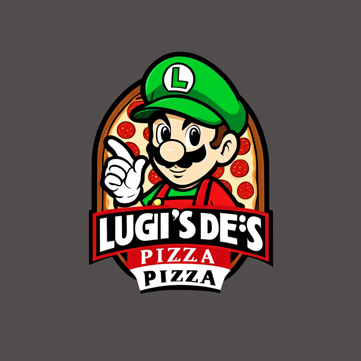 logomkrdsxl, a logo for a resturant , Luigi with pizza slice,  vector, text "Luigi's Pizza",  <lora:logomkrdsxl:1>, best q...