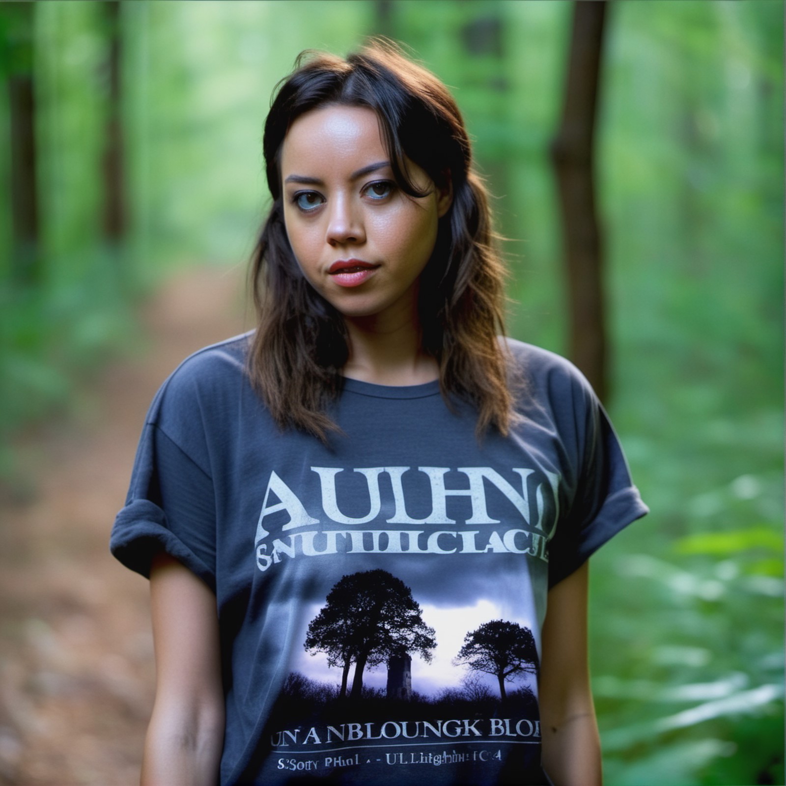 aubreyplaza a beautiful woman, beautiful bone structure, in a (ruin), in the woods, spooky, wearing a (t-shirt:1.1), (thun...