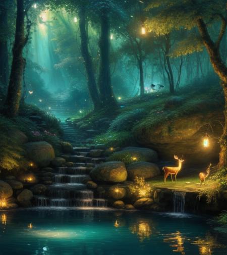 Masterpiece, best quality, (very detailed CG unity 8k wallpaper), (best quality), (best illustration), (best shadows), glow sprite, with a glowing deer, in the swimming pool Drinking water, natural elements in the forest theme. Mysterious forest, beautiful forest, nature, surrounded by flowers, delicate leaves and branches surrounded by fireflies (natural elements), (jungle theme), (leaves), (twigs), (fireflies)