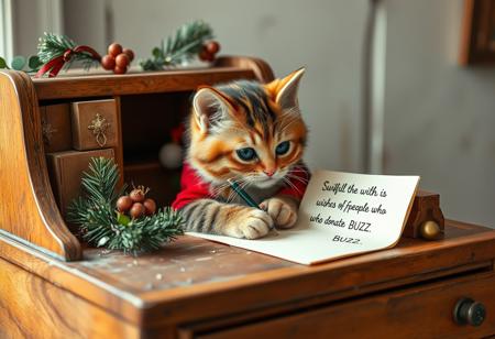 christmas style, in an old desk,  a liittle cat writting a letter with the text "Dear Santa. Fulfill all the wishes of people who donate BUZZ"