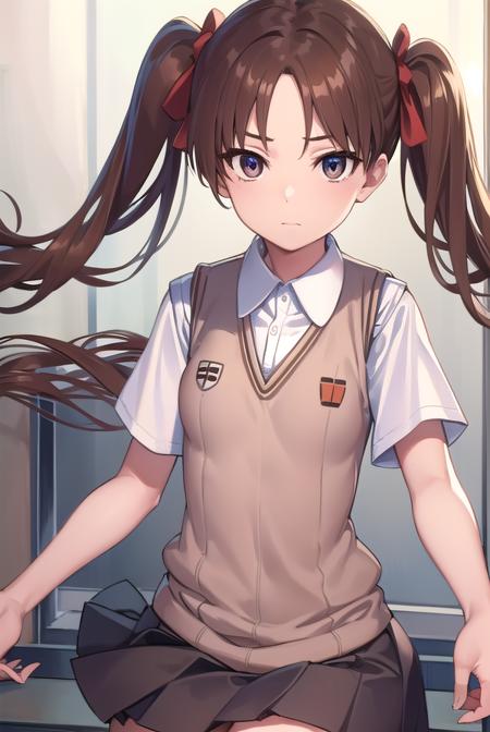 kurokoshirai, <lora:kurokoshirai-lora-nochekaiser:1>,
kuroko shirai, brown hair, long hair, (parted bangs:1.5), (brown eyes:1.7), ringlets, twintails, hair bow, bow, red bow, (small breasts:1.2),
BREAK armband, black skirt, collared shirt, dress shirt, pleated skirt, safety pin, school uniform, shirt, short sleeves, skirt, summer uniform, sweater vest, tokiwadai school uniform, twintails, white shirt, (brown sweater vest:1.5),
BREAK looking at viewer, upper body, fully body,
BREAK indoors, classroom,
BREAK <lyco:GoodHands-beta2:1>, (masterpiece:1.2), best quality, high resolution, unity 8k wallpaper, (illustration:0.8), (beautiful detailed eyes:1.6), extremely detailed face, perfect lighting, extremely detailed CG, (perfect hands, perfect anatomy),