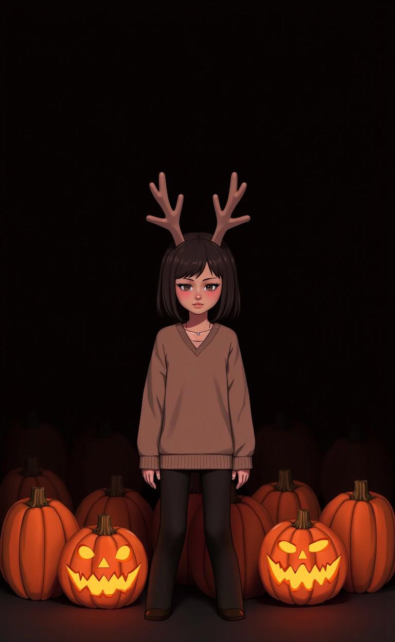 halciver style, pumpkins, dark. Anton Chigurh, pumpkins scary basety style, abbe bi style, sassy style, midjourney style, sexy face, ninja, ([Annabelle|Zoe|Minerva]:0.9) standing, reindeer horns, sweater, modest, Christmas, [cartoon, vector art, anime :realistic, real life, hyper realistic:0.20], , symmetrical face, big breasts, minimalist, , masterpiece, detailed  
<lora:flux_halloween_s07_creepy_enviornment_halciver_style:1.0>