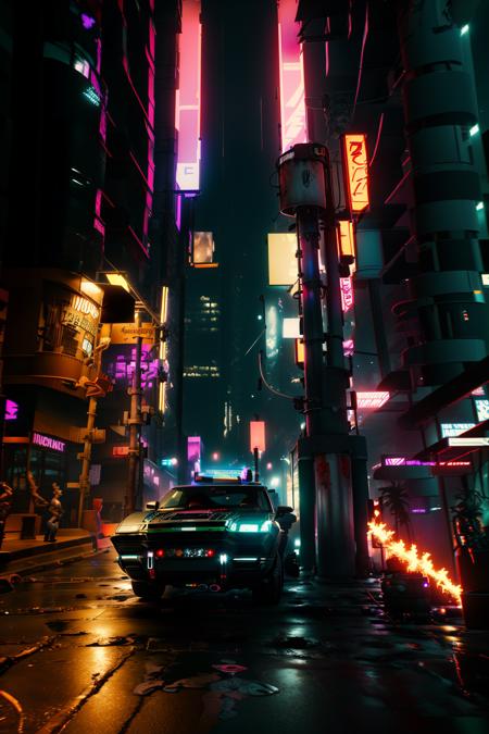 a car driving down a street at night time with a street light on and a fire hydrant in the middle of the street, Eddie Mendoza, unreal engine 5 rendered, a screenshot, photorealism , cyberpunk , 2077_Style