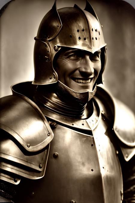 analog film photo photo closeup portrait,  happy (knight in armor:1.3), detailed,  <lora:BarnumAtelier:0.85> . faded film, desaturated, 35mm photo, grainy, vignette, vintage, Kodachrome, Lomography, stained, highly detailed, found footage