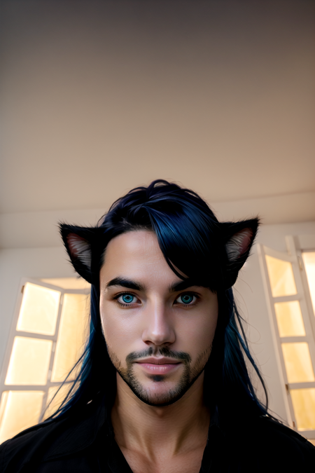 Tobias X'voor,  solo,  long hair,  looking at viewer,  blue eyes,  shirt,  black hair,  1boy,  animal ears,  closed mouth,  blue hair,  collarbone,  upper body,  ponytail,  male focus,  collared shirt,  indoors,  cat ears,  kemonomimi mode,  realistic,  stubble,  partially unbuttoned, <lora:Tobias_Xvoor-000008:1>