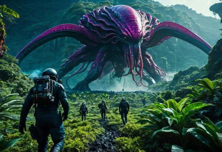 A 32k HQ Wallpaper of a futuristic spaceship crew landing on an alien world, captured in detailed clarity with high-performance camera settings and a wide-angle lens that captures the vast landscape and the unfamiliar flora. In the center of the image, the spaceship's captain strides confidently towards the foreground, flanked by a muscled, heavily armed sergeant and a pair of uniquely adept pilots. In the distance behind them, a massive creature with tentacles emerges from an exotic forest. The image is captured in vibrant, intense colors that create a mood of both awe and danger --s 1000