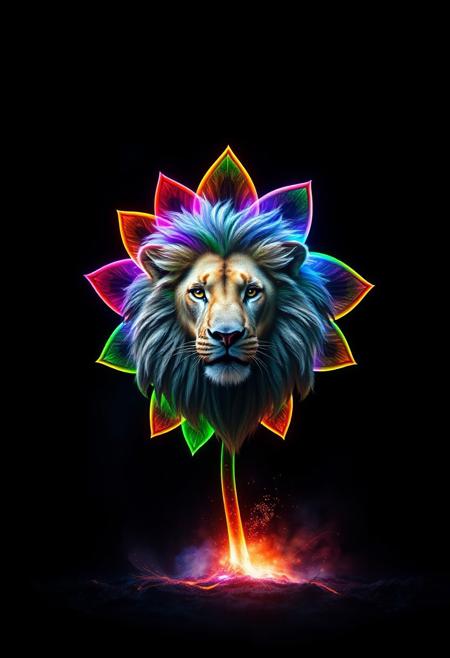 "Create a photorealistic image of the shape of a flower with multicolored petals, outlined with a vibrant, multicolored line, that swirl with a kaleidoscope of colors. The flower is the mane of a beautiful lion. Looking at the viewer. The surrounding environment is pitch black, with only the colorful flower and lion visible. The colors seem to be building up to a catastrophic release, as if the very presence of the flower is triggering a chain reaction of light and energy. The atmosphere is one of intense, impending destruction." Octane render, Highest-Quality, 8 k, intricate details, visually stunning, Masterpiece