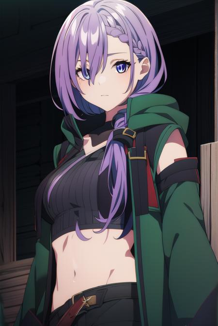 iseleveluna, <lora:iseleveluna-lora-nochekaiser:1>,
luna, long hair, purple hair, braid, hair between eyes, braided bangs,
BREAK gloves, navel, detached sleeves, black gloves, midriff, belt, pants, fingerless gloves, coat, asymmetrical clothes, green coat,
BREAK looking at viewer,
BREAK outdoors,
BREAK <lyco:GoodHands-beta2:1>, (masterpiece:1.2), best quality, high resolution, unity 8k wallpaper, (illustration:0.8), (beautiful detailed eyes:1.6), extremely detailed face, perfect lighting, extremely detailed CG, (perfect hands, perfect anatomy),