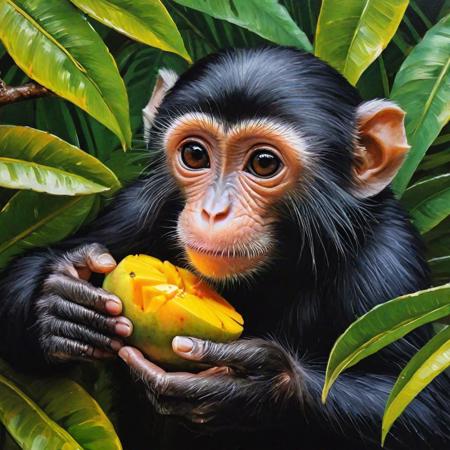 oil painting  .tiny finger monkey in the palm of a human's hand. Eating a little peace of  a mango background dark wooden branches with leaves. Perfect.