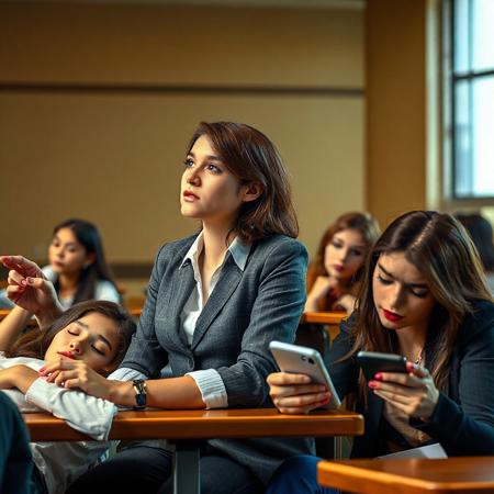 college lecture by well-dressed attractive woman with pointer, bored class of four beautiful female students one sleeping sprawled out, two chatting with each other, one looking at iPhone, 
score_9, score_8_up, very detailed, detailed eyes,  high detailed texture, realistic, photorealistic, perfect eyes, real life realistic, Expressiveh, Stable_Yogis_PDXL_Positives, midjourneylora, detailed background, dynamic angle, volumetric lighting, godrays, beautiful, small breasts, green eyes,