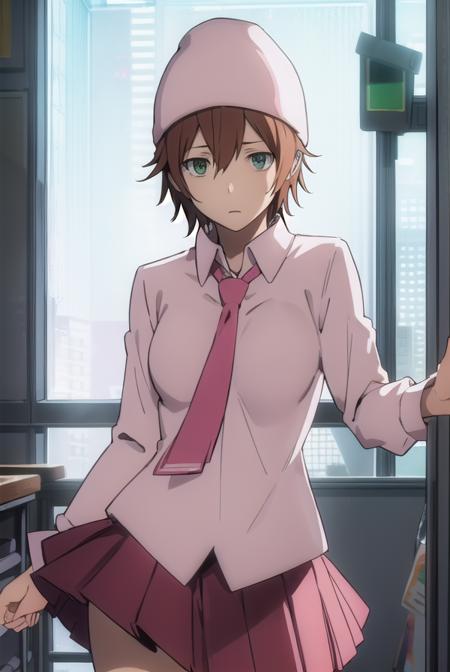 mikaharima, <lora:mika harima s1-lora-nochekaiser:1>,
mika harima, short hair, brown hair, (green eyes:1.3),
BREAK skirt, shirt, hat, beanie, school uniform, pleated skirt, necktie, white shirt, collared shirt, long sleeves, red skirt, pink necktie,
BREAK indoors, classroom,
BREAK looking at viewer, (cowboy shot:1.5),
BREAK <lyco:GoodHands-beta2:1>, (masterpiece:1.2), best quality, high resolution, unity 8k wallpaper, (illustration:0.8), (beautiful detailed eyes:1.6), extremely detailed face, perfect lighting, extremely detailed CG, (perfect hands, perfect anatomy),