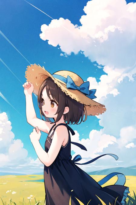 1girl, blue sky, sundress, short hair, brown hair, forehead, :d, :3, brown eyes, straw hat, from side, arms up, grass