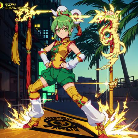 Dragon_Kid, 1girl, solo, short hair, gold thighhighs, green eyes, detached sleeves, green hair, yellow chinese clothes, short ponytail, green shorts, superhero, hat, product placement