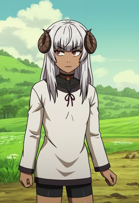 felm, horns, dark-skinned female bodysuit, thighhighs, elbow gloves white dress, black shorts, long sleeves, choker