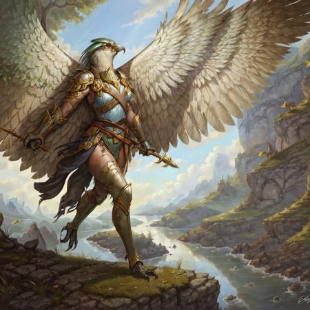 masterpiece, best quality,((solo)),  painting of Aven  a Grass Green bird woman  wearing armor, medieval setting,  in a ravine, evening, folded wings, walking <lora:Aven:0.85>