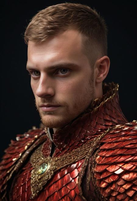 Photorealistic oil painting of (Handsome:1.1) (Polish) (Irish) (Slavic) (bright sapphire eyes) (half-dragon warrior-prince:1.2) with (intricate metallic red brass scales seamlessly melded into arm and neck:0.9), 18-year-old, (darkblonde undercut short hair:1.1), (medieval fantasy clothing:1.2), grimdark fantasy, (medieval) fantasy, high fantasy, epic fantasy, (upper body:1.3) (medium shot:1.3) taken with (fujifilm xt3:1.1), film grain, dark style, raking light dramatic hard shadows, (dramatic lighting:0.9), material contrast, cinematic composition, intricate details, masterpiece, visually stunning, evocative, vivid deep hues, brass, red Crystal, (body transformation:1.2), <dhevv:ds-style:rsd1.5>, realistic eyes, scaleborn, scales, undercut, royal, red armor, symmetrical armor, flaccid short mohawk, large nose, wide nose, wide nosebridge, tallnose,