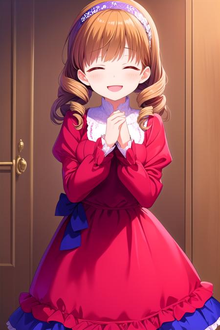 (masterpiece, best quality), highly detailed background, perfect lightingbest quality, amariakari, solo, indoors, brown hair, two-tone hair, red hair, blue headband, drill hair, twin drills, curly hair, long hair, closed eyes, brown dress, frilled dress, long sleeves, <lora:GoodHands-vanilla:1>, own hands clasped, waist bow, blue bow, smile, open mouth, ^o^, pink lips, <lora:Amari-Akari:0.7>