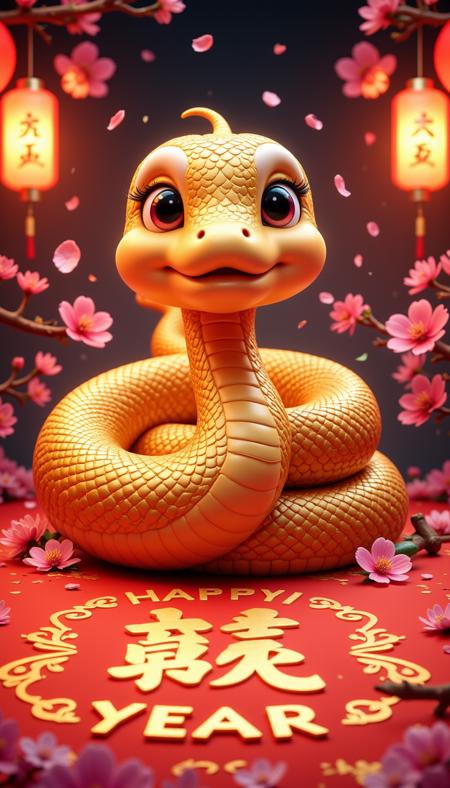 pinkchibisnakeyear,
A beautifully coiled golden snake adorned with intricate scales, resting atop a large glowing red banner with "Happy Snake Year" written in bold, golden calligraphy. Surrounding it are lanterns, firecrackers, and cherry blossoms.