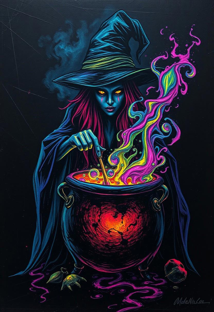 A hauntingly beautiful image of a dark, scratch art background, with a witch brewing a potion in her cauldron, like a sorceress conjuring a spell. The witch, a vibrant, multicolored figure, seems to glow with an otherworldly light, her eyes gleaming with a malevolent intensity. The cauldron, a bubbling, swirling vortex of color, seems to pulse with a magical energy, as if it's brewing a potion of darkness and despair. The potion, a vibrant, multicolored liquid, seems to glow with an eerie, ethereal light, as if it's imbued with the essence of the night. The scratch art, a textured, layered effect, creates a sense of depth and dimensionality, as if the viewer is gazing into a dark, mystical realm. The dark, ink background provides a striking contrast to the vibrant, multicolored witch, cauldron, and potion, creating a sense of drama and tension. highest-Quality, intricate details, visually stunning, Masterpiece