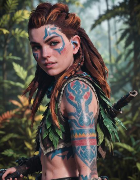 <lora:AloySDXL:0.7> Aloy with brightly coloured face tattoos pushing through a dense jungle holding a machete