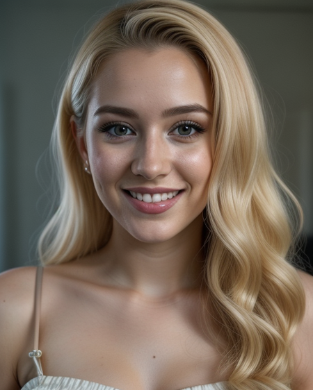 instagram photo, front shot, closeup portrait photo of 24 y.o woman, wearing dress, beautiful face, smile, blonde, cinematic shot, dark shot