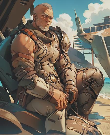 commander_valen, beach, sitting down, sunny <lora:Valen:0.85>