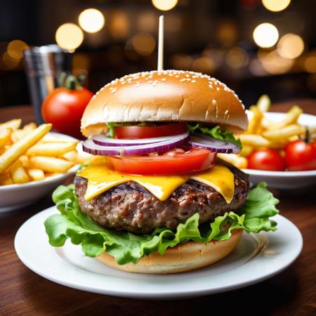 masterpiece, best quality,burger photo, food, burger, tomato, lettuce, blurry, food focus, realistic, no humans, salad, bowl, vegetable, meat, depth of field, still life, onion, blurry background, table, plate, indoors, french fries, cheese, cup  <lora:Burger photo_v1:0.6>  <lora:fodm4st3r:0.8>  <lora:Elixir:0.6>