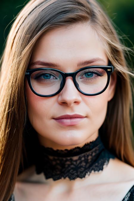 glasses, Sharp Focus, wo_angb01, (close-up:0.8),  low key lighting, shot on Lumix GH5, cinematic bokeh, lace choker, (blue eyes:0.6), (simple background:1.2), teasing, detailed skin,<lora:woAngelinaB01:0.85>