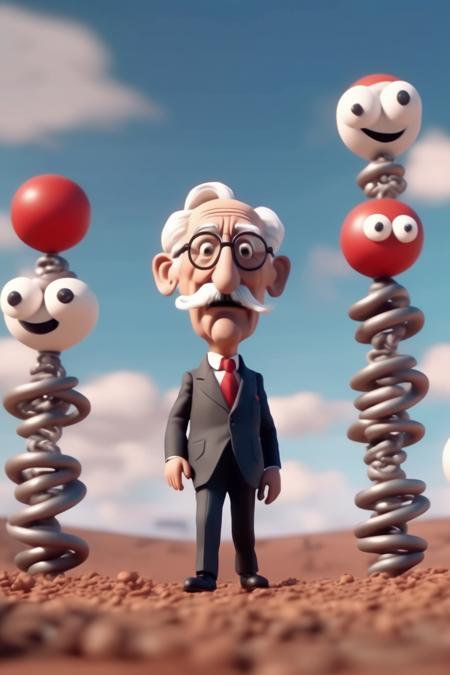 <lora:Aardman Animations Style:1>Aardman Animations Style - friedrich August hayek looking to the horizon. Standing on socialistic symbols. in the style of cuphead and mugman video game. free market scene