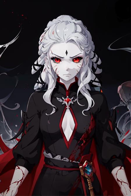 salem \(rwby\), 1girl, white hair, white skin, pale skin, cracked skin, red eyes, black dress, angry, solo, detailed face, looking at viewer, cowboy shot, upper body, demon, darkness, blood, blood water, jellyfish, (masterpiece:1.2, best quality)