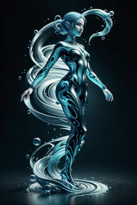 woman waterbending, made out of water, Black background, close up, bubbles, high contrast, hdr <lora:ral-watce-sd15:1> watce