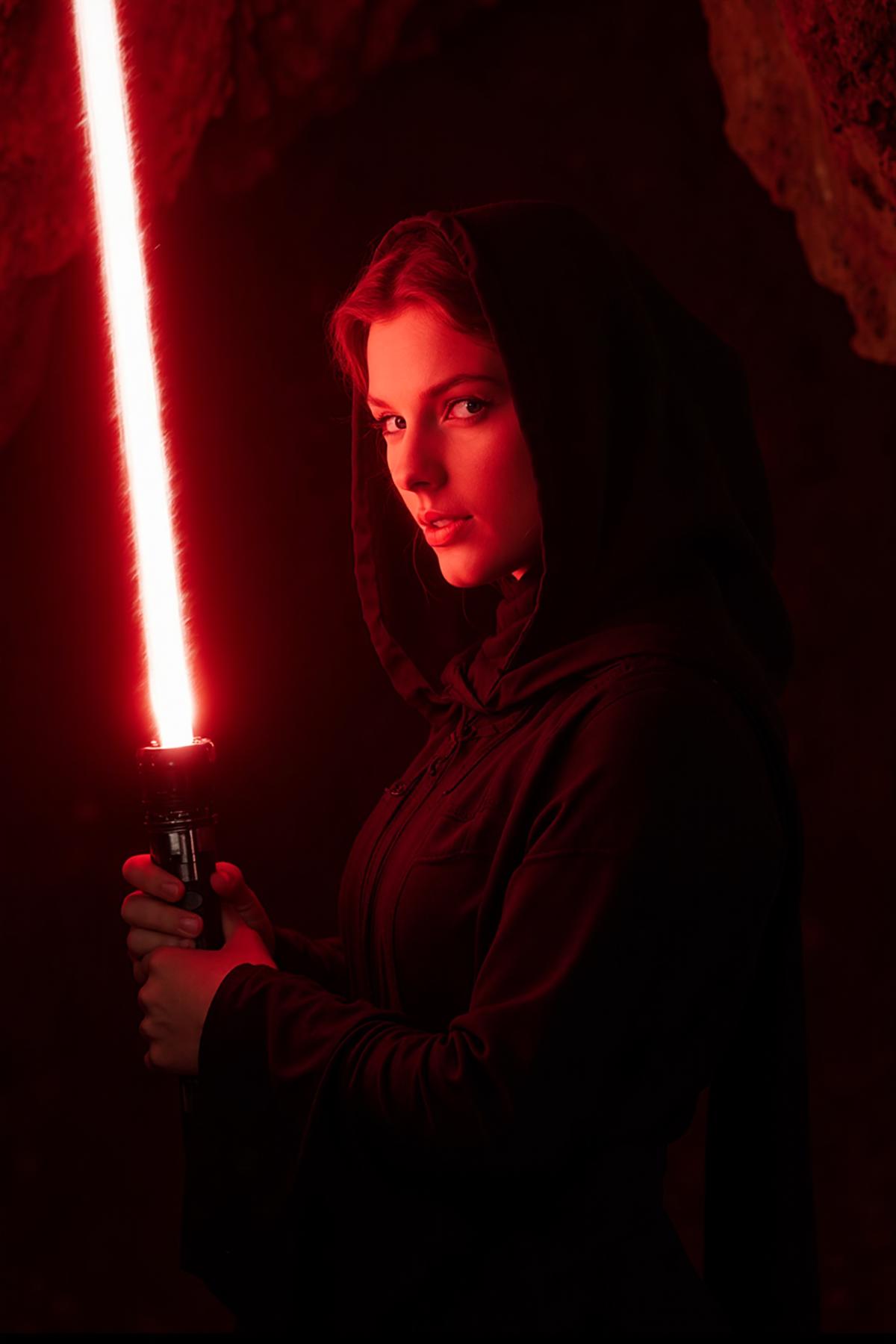 cowboy shot of tayswift, standing in a dump dark cave that is only lit by the glow of her red light saber she is holding up in a pose ready for battle, her face is well lit and completely visible. She is wearing a black robe with lowered hood. She has a sten look on her face.