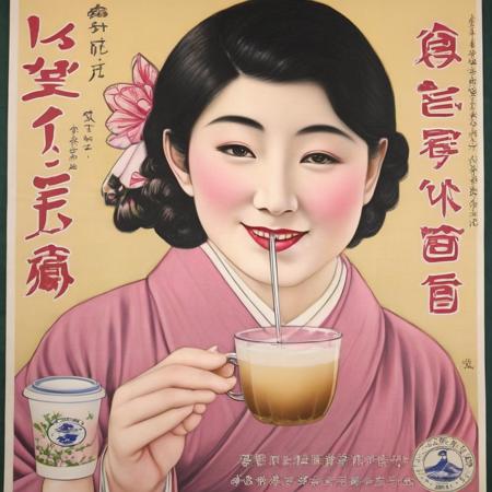 A photorealistic representation of a 1930s Japanese propaganda poster featuring an individual sipping on bubble tea. The individual should be dressed in period-appropriate attire, capturing the fashion and culture of 1930s Japan. The bubble tea should be clearly visible, with pearls at the bottom of the glass and a straw. The poster should include Japanese text that promotes the drink or a related message, rendered in a font or calligraphy style that is authentic to the period. The color scheme should be vintage, perhaps with sepia tones or muted colors to evoke a sense of nostalgia. The background could include iconic Japanese elements like cherry blossoms, Mount Fuji, or traditional architecture. The overall composition should be balanced and aesthetically pleasing, capturing the essence of the era,<lora:oldjpposter:0.65>