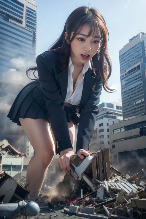 A woman in a suit climbing out of the wreckage of a building.