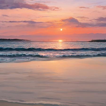 beautiful evening beach scene on the southern coast of Russia, stunning red sunset, vivid red and orange hues in the sky, soft warm light reflecting off the gentle waves, a few lush green birch trees to the side, golden sandy shore, scattered seashells glistening in the fading light, calming and serene atmosphere, soft breeze rustling through the leaves, distant seagulls flying over the horizon, small bonfire with warm glow illuminating the sand, cozy beach chairs and a surfboard leaning against a birch tree, a couple of lanterns casting soft shadows, gentle lapping of waves on the shore, romantic and inviting ambiance, painted in oil brushstrokes, highly detailed, vibrant colors, ultra-high-definition, cinematic composition, oil painting, impressionist style