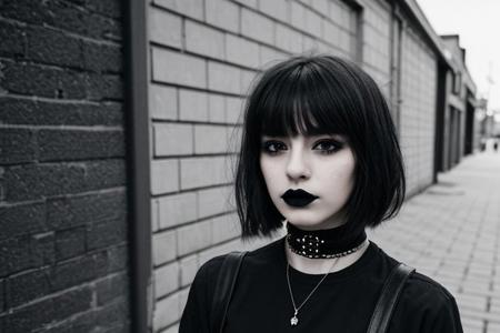 Teen brunnete nordic goth girl | tattoo | dark | Adult | On street | High quality | gothic makeup | realistic | informal | cute girl | bob cut hair | choker | solo | black hair | A mysterious look | piercing | black gloves | Informal clothes