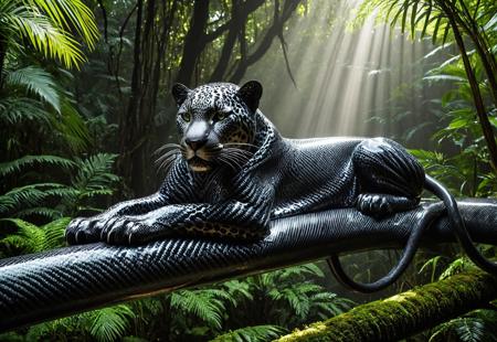 Highly detailed photographic image of a jaguar with incredibly intricate black carbon fiber "fur" resting on a large tree branch in the rainforest. The photorealistic natural forest surroundings an ironic contrast to details of the futuristic jaguar's woven carbon fiber coat, showcasing its distinctive beauty and muscular build in the woven strands. The rainforest environment should be lush and vibrant, filled with a variety of green foliage, exotic plants, and dappled sunlight filtering through the canopy above. Incorporate dramatic lighting to enhance the atmosphere, creating a sense of depth and intrigue. Include subtle elements such as mist or gentle rain to add to the mood, while ensuring the surreal carbon fiber jaguar remains the focal point of the composition. (Highly cinematic scene with natural surroundings; highly focused detail on the subject; beams of sunlight reflecting on the animal's unique carbon fiber fur; masterpiece scene; dramatic composition, 4k resolution, finely detailed texture)