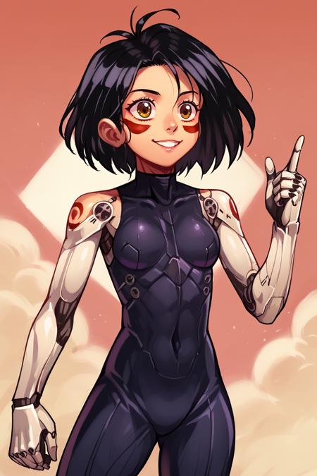  alita, battle angel alita, cyborg, mechanical arms, smile, bodysuit, red facial marks, black hair, short hair