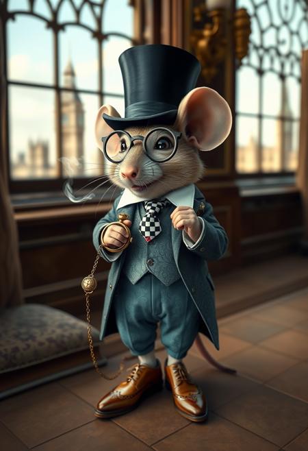 1 cute mouse,wearing a luxurious costume,standing_fierly,top_hat,monocle,dandy, brogue_shoes handling_old_pocket_watch_attached_with_chain,smoking,mouth_open,snob,aristocrate,detailed english_interior daylight 1960_year intricated_costumes_pattern,paisley,checkered_necktie,collared_shirt, pay attention on details of the costume,windows_showing london_city