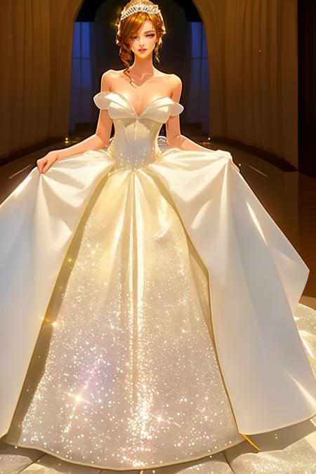 glitterw3d, dress, bare shoulders, white dress, strapless, strapless dress, wedding dress, glittery,
