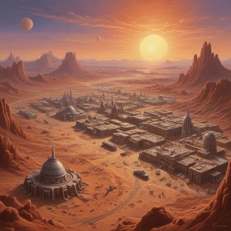 A pastel painting by "J. Carter", a young government scientist, depicting a fantastical city on Mars, science-fiction city, painted in the 1940's, the city is called Mars Alma