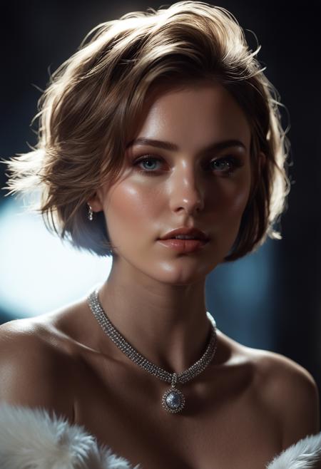 rfilmg, fashion photography portrait of 1girl, offshoulder, fluffy short hair, soft light, rim light, beautiful shadow, low key, (photorealistic, raw photo:1.2), (natural skin texture, realistic eye and face details), hyperrealism, ultra high res, 4K, Best quality, masterpiece, necklace, (cleavage:0.8), in the dark, detailed facial skin with skin pores, 8k, by Jarek Kubicki, Raphael Lacoste, John Pitre, Karine Eibatova, by Ralph Blakelock, by Julie Bell, by Jim Warren passionate, <lora:Desolation:0.2> <lora:aesthetic:0.4> <lora:xl_more_art-full_v1:0.4>