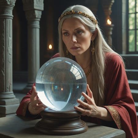 medium shot shot, A prophetess gazing into a crystal ball in a secluded temple., (High Fantasy Art Magical mythical enchanted epic enigmatic spellbinding :1.3)