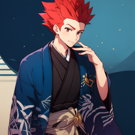,1boy, red hair, spiked hair, black kimono, blue jacket, open jacket, wave print, haori himo,