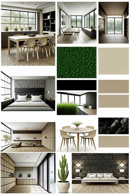 Mood board is a material for interior decoration, a palette of colors, harmonious and light tones contrasting with beige, glass, natural materials, wood, black stone, with the addition of greenery, a simple composition